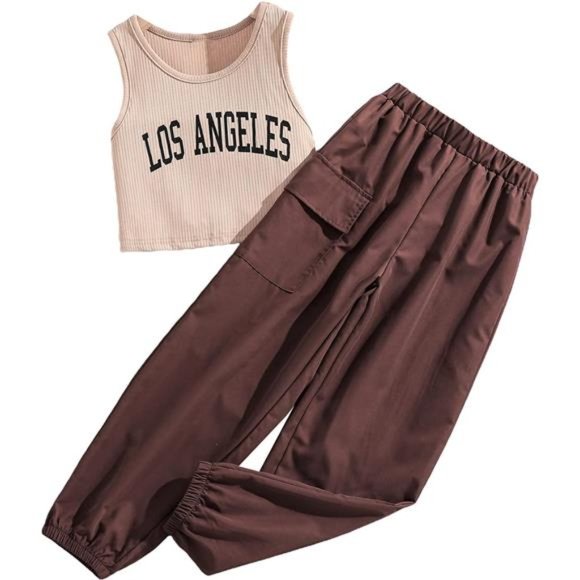 Girls 2 Piece Outfit Letter Print Rib Knit Crop Tank Top and Cargo Pants